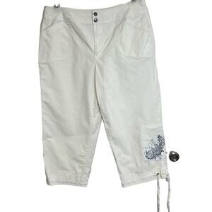 Coldwater Creek Capri Pants Sz 12 Tie Bottoms White Koi Fish Coastal Stretch
